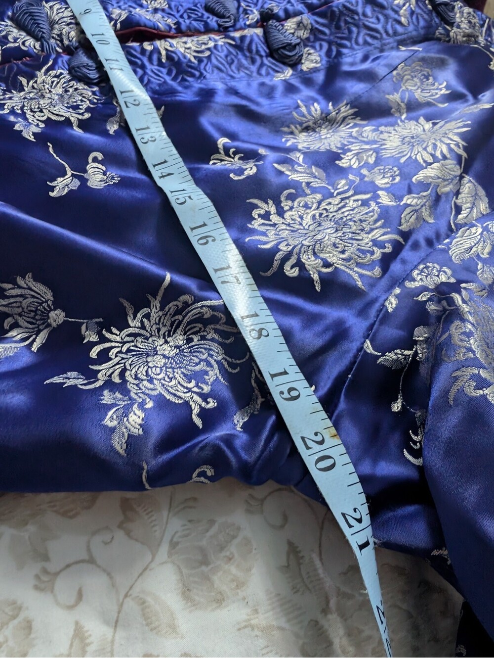 Vintage Blue Satin Floral Embroidered Jacket with Maroon Lining - Picture 8 of 10